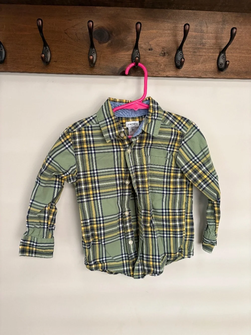 Carter's Toddler Boys Plaid Button Down Shirt 3T Green Yellow Navy Chambray
